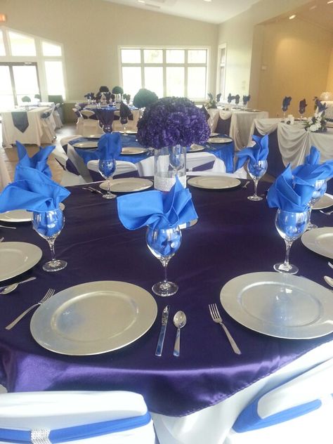 Royal blue and purple (regency) wedding reception Royal Blue And Purple Wedding Theme Wedding Ceremony Decor, Blue And Purple Wedding, Purple Table Settings, Purple Wedding Tables, Reception Theme, Bday Brunch, Purple Wedding Reception, Wedding Reception Themes, Regency Wedding