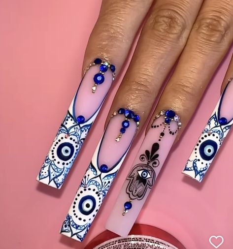 Elaborate Nail Designs, Belize Nails, Hand Drawn Acrylic Nails, Arabic Nails Design, Creative Blue Nails, Advanced Nail Designs, Ojo Acrylic Nails, Hamsa Nail Design, Weird Nail Designs