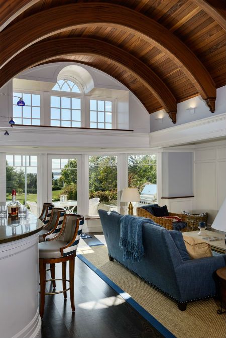 The distinctive mahogany barrel ceiling. Source: Rob Karosis Photography Boston Living Room, Beach Style Living Room, Quonset Homes, Quonset Hut Homes, Barrel Vault Ceiling, Barrel Ceiling, Shingle Style Homes, Home Renovations, Custom Home Builders