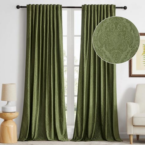 PRICES MAY VARY. PACKAGE CONTENTS: W52xL72inch(132cmx182cm)2 panels velvet blackout curtains for living room, Soft crushed plush velvet fabric drapes, provide high blackout rate about 70-85%, allow soft light to pass through. MATERIAL: Curtains&Drapes made of thick and smooth Velvet fabric, vintage classic floral patterns made with special craftsmanship embossed on the surface Coupled with our carefully selected colors make the window drapes more luxurious and decorative.It is soft, comfortable, Green Velvet Drapes, Boho Drapes, Velvet Curtains Bedroom, Green Velvet Curtains, Male Bedroom Ideas, Art Deco Curtains, Luxury Boho, Curtain For Living Room, Cute Curtains