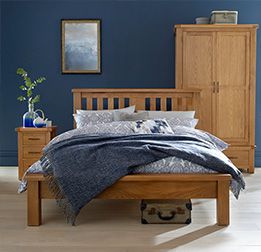 Blue Feature Wall Bedroom, Light Oak Bedroom Furniture, Oak King Size Bed, Wooden Bedroom Furniture Sets, Navy Bedroom, Pine Bedroom, Navy Bedrooms, Navy Blue Bedrooms, Oak Bed Frame