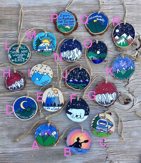 Hand Painted Rustic Wood Slice Ornements All Occasion Art | Etsy Canada Wood Slice Ornaments, Wood Slice Art, Wood Slice Crafts, Canvas Art Projects, Wood Painting Art, Wood Slice Ornament, Hanging Crystals, Camping Crafts, Christmas Ornament Crafts