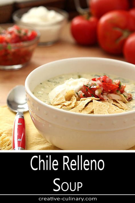 My absolute favorite Mexican dish are Chile Rellenos. I should have made this soup a long time ago; the flavor is a perfect representation! Chili Relleno Soup, Chile Relleno Soup Recipe, Chile Relleno Soup, Mexican Soups, Culinary Food, Chili Relleno, Crockpot Stew, Mexican Dish, Mexican Soup