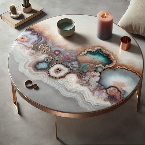 Admire this sophisticated resin art table, specifically crafted for a middle-aged female aesthetic. With soft hues and glossy finish, the design emulates serene floral patterns and earthy geode imitations, marrying artistic flair and elegance. #ResinArt #ArtisticFurniture #MiddleAgeAesthetics #ElegantHomeDecor #NatureInspiredTable #SoftHuedFurniture Epoxy Resin Art Ideas, Resin Art Table, Resin Art Wood, Resin Art Ideas, Modern House Decor, Female Aesthetic, Diy Resin Table, Resin And Wood Diy, Rich Art