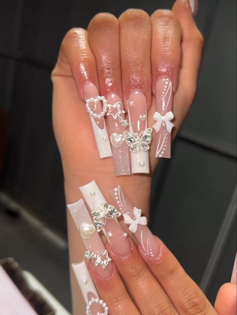 Acrylic Nails With Charms, Nails Pink And White, Beige Nails Design, Pink And White Nails, White Coquette, Coquette Nails, Pink Ombre Nails, Grunge Nails, Cute Acrylic Nail Designs