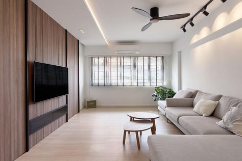 False Ceiling Living Room Minimalist, Minimal Ceiling Design Living Rooms, Hdb Lighting Ideas, Cove Lighting Ceiling Living Rooms, Japandi Hdb, Cove Lights, Hdb Living Room, Minimalism Living Room, Cove Light