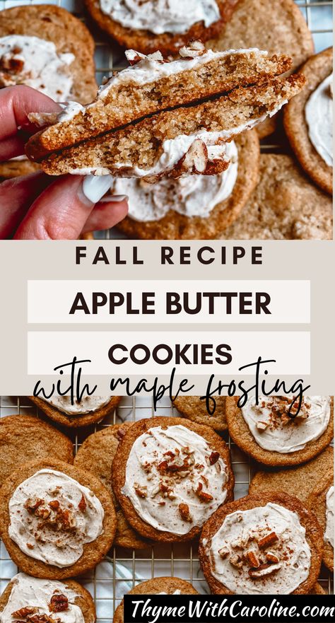 These apple butter cookies are delightful for Fall. Browned butter, cream cheese frosting, cinnamon sugar and apple butter in a delicious cookie! Apple Butter Cookies, Baked Apple Dessert, Fall Cookie Recipes, Apple Pastry, Butter Sugar Cookies, Butter Cream Cheese Frosting, Apple Butter Recipe, Butter Pecan Cookies, Apple Cookies