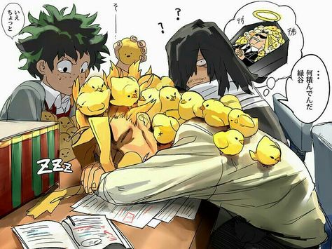 All Might, Izuku, Aizawa Shouta, chicks, funny, sleeping, cute, grave, text, papers; My Hero Academia Aizawa Midoriya, Izuku Aizawa, Zerochan Anime, Boku No Academia, Rin Okumura, Aizawa Shouta, All Might, Buko No Hero Academia, Boku No Hero