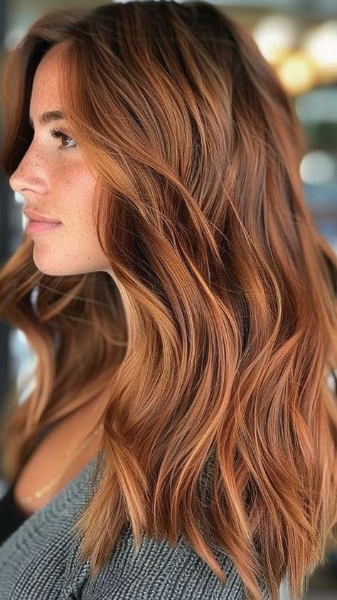 Fall into Fashion: 25 Must-Try Autumn Hair Colors for 2024 Low Maintenance Auburn Balayage, Fall Auburn Hair Highlights, Pumpkin Spice Ombre Hair, Slightly Red Hair, Deep Copper Hair Color With Highlights, Cool Tone Fall Hair, Brown To Auburn Hair Before And After, Summer Copper Hair Highlights, Brynn Whitfield Hair