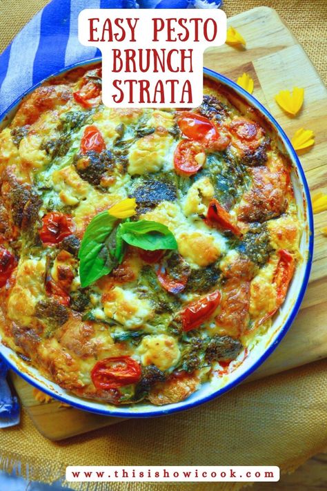 This overnight breakfast strata recipe made with summer pesto is so good! #overnightbreakfaststrata#breakfaststratarecipes Sweet Strata Recipes Breakfast, Breakfast Strata Recipes Overnight, Strada Recipe Breakfast, Breakfast Strata Overnight, Cheese Strata Recipe, Pesto Breakfast, Strata Recipes Breakfast, Summer Pesto, Strata Recipe