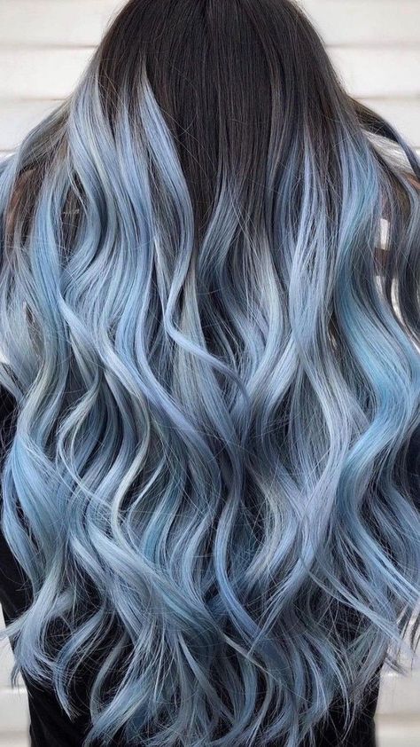 Blonde And Denim Blue Hair, Ice Blue Balayage, Light Blue Balayage Hair, Ice Blue Hair Ombre, Icy Blue Hair Ombre, Shadow Root Blue Hair, Pastel Blue Money Piece Hair, Icy Blue Highlights Brown Hair, Cute Blue Hair Ideas