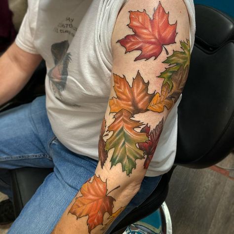 ✨💗Hannah Bedwell💗✨ on Instagram: “Thank you so much Larry 🍃🍂🍁 Loved doing this piece! ❤️ #tattoo #autumntattoo #naturetattoo #leaftattoos #autumnleaves #fallvibes…” Fall Leaves Tattoo Sleeve, Fall Sleeve Tattoo, Maple Leaves Tattoo, Maple Tree Tattoos, Fall Leaves Tattoo, Otter Tattoo, Tree Sleeve Tattoo, Tree Sleeve, Leaves Tattoo