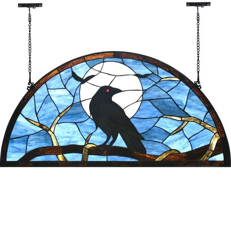 PRICES MAY VARY. Decorative Window Panel: Stained glass window panel featuring a raven perched on a bare tree branch against a full moon backdrop, perfect for Halloween decor. Tiffany Style: Crafted in the iconic Tiffany stained glass style, this window panel adds a touch of elegance and artistry to any space. Vibrant Colors: Vivid colors and intricate detailing bring the haunting scene to life, creating a captivating focal point. Versatile Display: Can be hung in windows, used as a room divider Stain Glass Lanterns, Stained Glass Moon Patterns, Half Moon Window Treatments, Stained Glass Fish Patterns, Raven Stained Glass Pattern, Unique Stained Glass Patterns, Spooky Stained Glass Patterns, Gothic Stained Glass Windows Art, Blue Halloween Decor