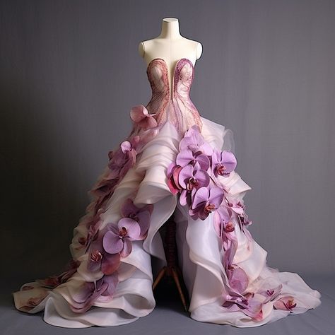 Orchid gown. 2023. Orchid Dress Outfit, Orchid Clothes, Cricket Cookies, Orchid Outfit, Gown 2023, Flower Petal Dress, Dress References, Ethereal Fashion, Orchid Dress