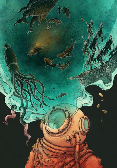 Cover illustration for the book 20,000 Leagues Under The Sea by writer Jules Verne. 20000 Leagues Under The Sea Illustration, 20000 Leagues Under The Sea Aesthetic, 20 000 Leagues Under The Sea, Jules Verne Aesthetic, 20000 Leagues Under The Sea, Under The Sea Art, The Deep Ocean, Fantastic World, Mermaid Core