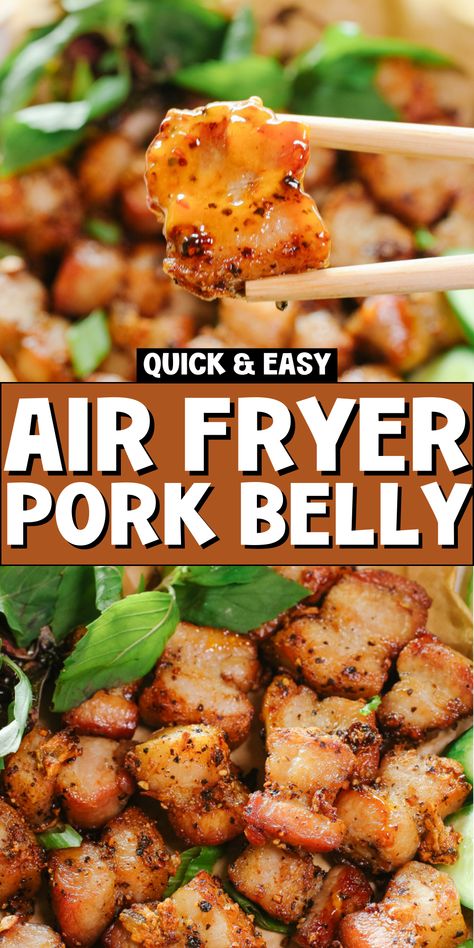 Enjoy crispy Air Fryer pork belly bites with just 4 ingredients! This easy and healthy recipe delivers pork belly recipes that are fried to perfection in the air fryer. Perfect for summer dinners, these Asian pork belly bites are coated in a flavorful pork belly marinade. Try these pork bites for a delightful blend of sticky pork and garlic pork goodness! Asian Pork Belly Recipes, Pork Belly Marinade, Asian Pork Belly, Air Fryer Pork Belly, Pork Belly Bites, Pork Belly Recipes Crispy, Pork Belly Strips, Recipes Using Pork, Pork Bites