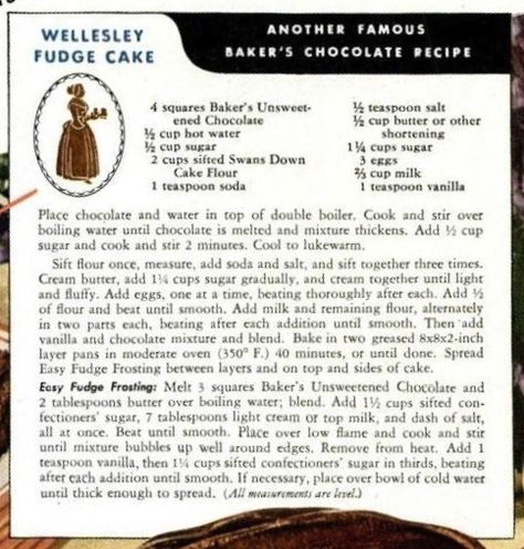 Wellesley Fudge Cake Receipe Wellesley Fudge Cake, Cake Receipe, Bakers Chocolate, Chocolate Sheet Cake, Egg Cake, Vintage Cooking, Cook Books, Fudge Cake, Salted Chocolate