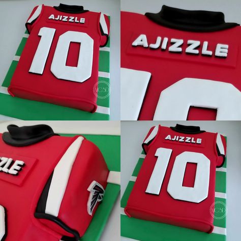 Atlanta Falcons football jersey cake Football Jersey Cake Ideas, Football Jersey Cake, Jersey Cake, Football First Birthday, Atlanta Falcons Football, Jersey Party, Falcons Football, Football Cake, American Football Jersey