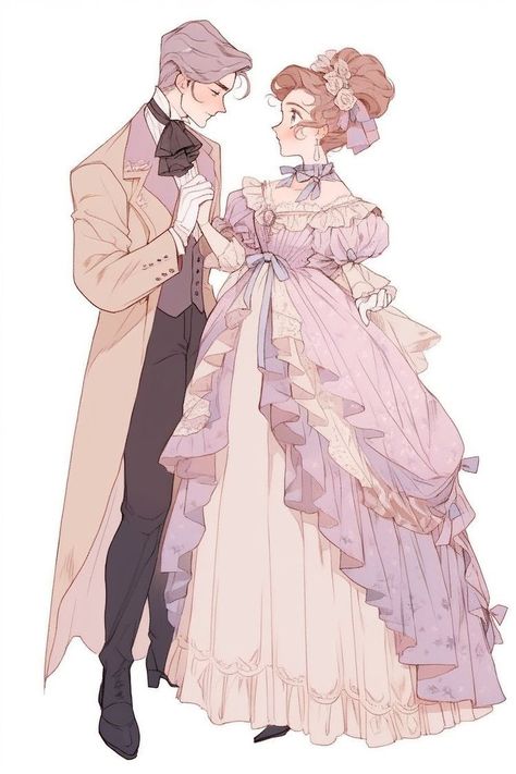 Victorian Dress Drawing, Victorian Character Design, Victorian Anime, Victorian Couple, Dress Design Drawing, Clothing Design Sketches, Arte Sketchbook, Fashion Design Drawings, Fantasy Clothing