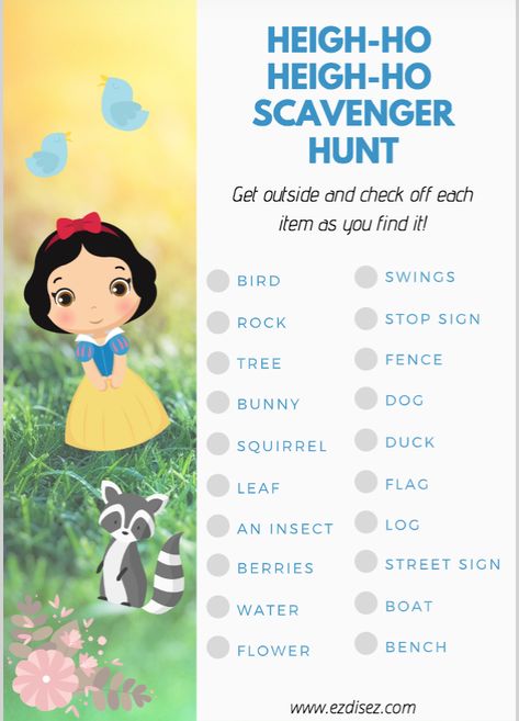 It’s time to get outside with a great neighborhood scavenger hunt. Has distance learning made you appreciate teachers more? Not sure how they do it so many hours in a day? It’s time for a break. Consider this your homeschool science lesson and take a walk, breath in some fresh air.  Snow White heads into the woods she met many friends from rabbits to birds and saw everything from trees to acorns. We certainly aren’t suggesting you send your children strolling through the woods but why not head f Snow White Games, Outdoor Crafts Kids, Snow White Crafts, Homeschool Science Lessons, Neighborhood Scavenger Hunt, Disney Activities, Snow White Birthday, Science Lesson, Theme Days