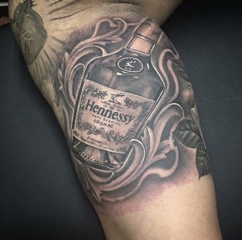 Hennessy Tattoo Designs, Liquor Tattoo Ideas, Hennessy Tattoo, Tattoo Ideas Sketches, Hennessy Bottle, Idea Tattoo, Bottle Tattoo, My Tattoos, Neck Tattoo