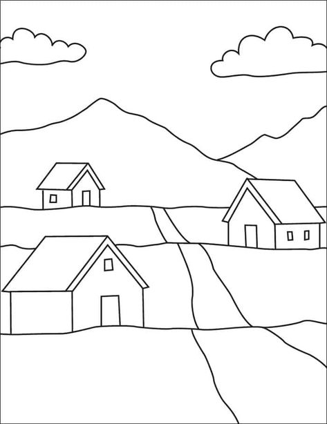 Easy How to Draw Scenery Tutorial and Scenery Coloring Page Drawings Landscaping Easy, Scenery Outline Drawing, Simple Landscapes To Draw, Landscape Outline Drawing, Simple Landscape Coloring Pages, Easy Village Drawing, Easy Drawings Landscape, Houses Drawing Easy, Sceneries Drawing