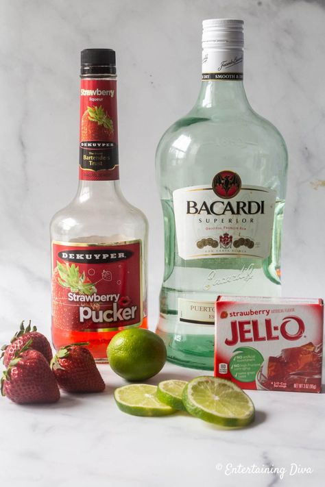 Very Berry Strawberry Daiquiri Jello Shots | 4th of July Strawberry Daiquiri Jello Shots, Red Jello Shots, Purple Jello Shots, Fun Jello Shots, Best Jello Shot Recipes, Rum Jello Shots, Pina Colada Jello Shots, Adult Summer Party, Strawberry Jello Shots