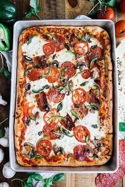 SICILIAN STYLE PIZZA: This awesome Sicilian style pizza features homemade dough cooked in an oversized sheet pan that is loaded up with sauce, cheeses and toppings! Pan Pizza Dough, Sicilian Pizza Recipe, Sicilian Style Pizza, Sheet Pan Pizza, Chef Billy Parisi, Recipe Sheet, Billy Parisi, Sicilian Style, Pita Pizzas