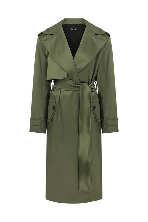 This double-breasted trench coat exudes sophistication, designed with belted cuffs, front and back wind flaps, a matching self-tie belt, and two side pockets. - Belted cuffs - Front and back wind flaps- Matching self-tie belt- Two side pockets- Double-breasted Composition: 62% Acetate, 35% Polyamide, 3% Elastane Model Measurements: Bust: 83cm Waist: 62cm Hips: 90cm Height: 180cmModel wears size: S: UK8, US4, EU36 Mohamed 6, Embellished Midi Dress, Happy Clothes, Double Breasted Trench Coat, Belted Trench Coat, Sleep And Loungewear, Lingerie Outfits, Green Coat, Dresses By Length