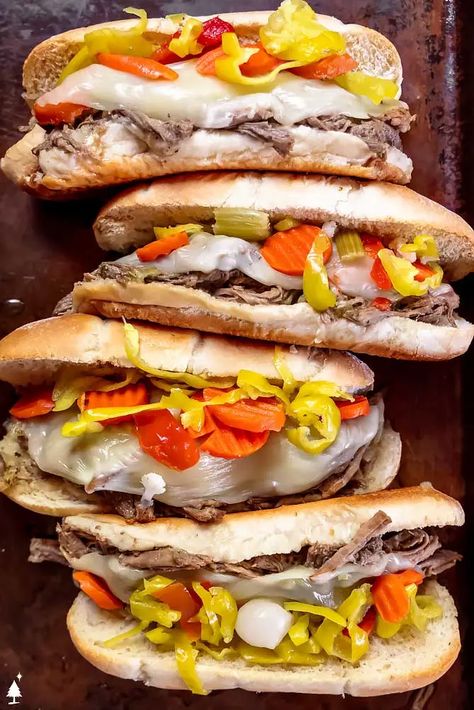 ▢1 16 ounce jar giardiniera, chicago-style italian sandwich mix drained (note 2, 3 + 4) Chuck Roast Sandwiches, Beef Pepperoncini, Instant Pot Italian Beef, Chicago Beef, Roast Sandwiches, Instant Pot Italian, Beef Recipe Instant Pot, Italian Sandwich, Hoagie Rolls