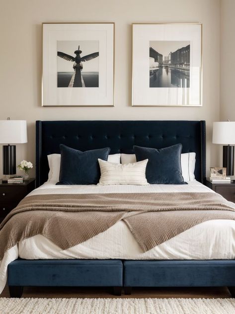 Create a bold statement in your bedroom by hanging off-center art pieces above your bed. Complement the eclectic look with a soft, plush rug and modern bedside tables for a unique and stylish design. Main Bedroom Ideas Master Suite, Bedroom Art Ideas, Table And Bed, Modern Bedside Tables, Blue Bedroom Decor, Modern Bedside, Plush Rug, Blue Rooms, Blue Bedroom