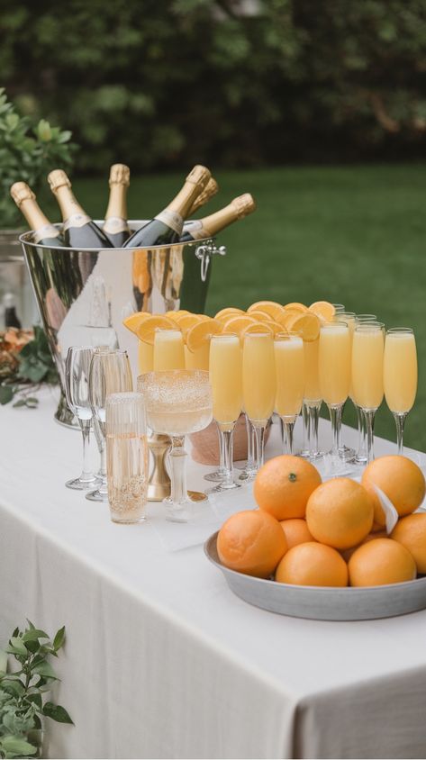 Champagne bottles in an ice bucket, several glasses of orange juice with orange slices, and a bowl of fresh oranges on a table outdoors. Bridal Breakfast Brunch, Bar For Party Set Up, Bubbly Bar Bridal Shower Ideas, Mommossas Bar, Bougie Brunch Ideas, Bridal Shower Inspo Brunch, Mom Mosa Bar, Engagement Party Brunch Ideas, Brunch Reception Wedding