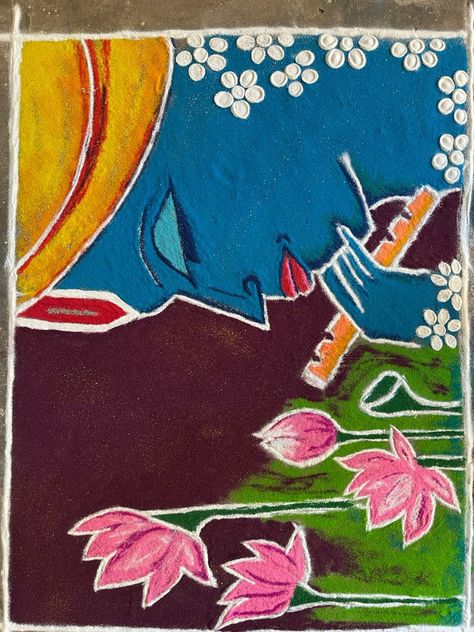 Modern art inspired Krishna rangoli Radha Krishna Rangoli, Rangoli Krishna, Krishna Rangoli, New Year Rangoli, Album Layout, Rangoli Colours, Photo Album Layout, Study Flashcards, Rangoli Ideas