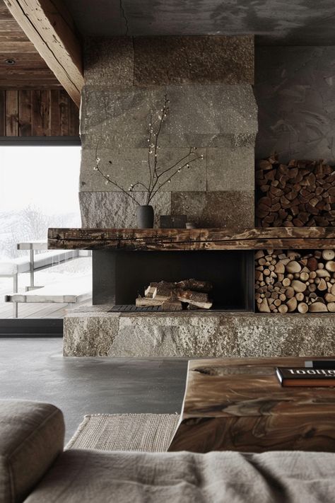 Craft elegant minimalist retreats with these 48 ideas for maximizing minimalism in your living room design, where simplicity is the ultimate luxury. #MaximizingMinimalism #LivingRoomDesign #HomeDecorInspiration Modern Rustic Small Living Room, Hearth Stone Ideas, Fireplace In The Middle Of The Room, Mountain House Interior Design, Modern Lodge Decor, Chalet Living Room, Best Greige Paint, Best Greige, Luxury House Interior