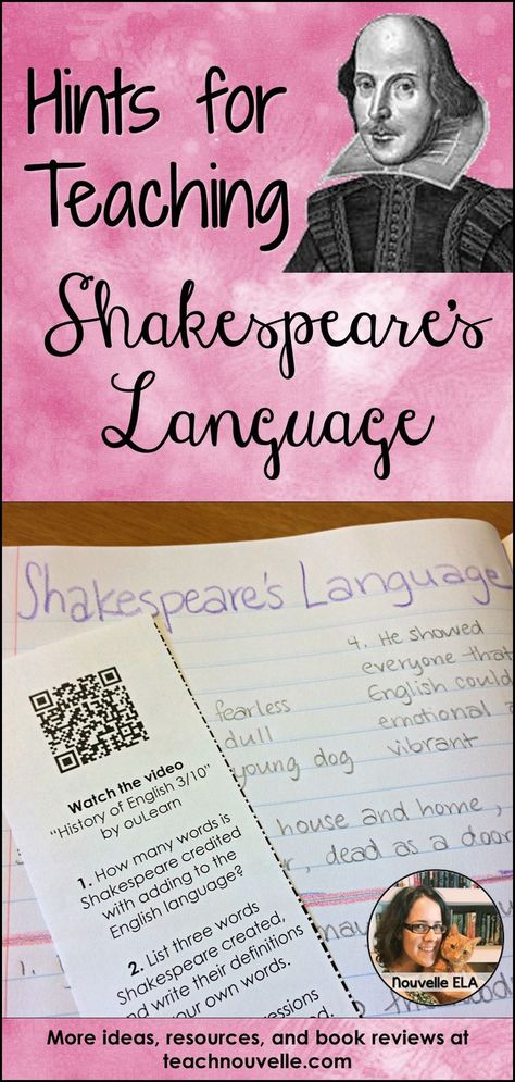 Introducing Shakespeare's Language: Help students understand Shakespeare's Language by breaking down the process. Use these engaging activities to introduce the vocabulary, grammar, and rhythms used in his language. Students will also explore Shakespeare's influence on the English language and do some translation. Blog post. 9th Grade English, Freshman English, Planning School, Teaching Shakespeare, Ella Enchanted, Teaching Secondary, Teaching High School English, Teaching Literature, Secondary English