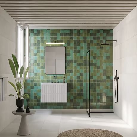 Shower Wall Tiles - Shower Tile Ideas | TileBar.com Green Bath Tile, Tiles Kitchen Floor, Feature Wall Tiles, Floor Tiles Kitchen, Bathroom Feature Wall, Tiles Kitchen Backsplash, Glossy Ceramic Tile, Green Subway Tile, Kitchen Floor Tiles