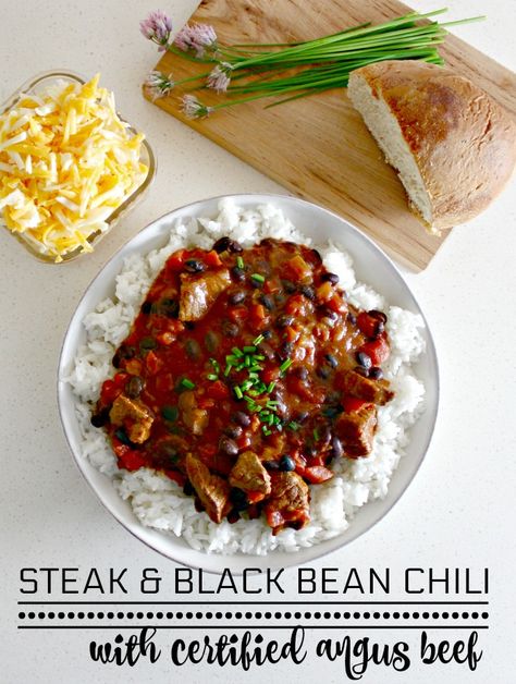 Hearty Steak and Black Bean Chili on Rice #SundaySupper Chili Recipe With Steak, Recipe With Steak, Steak Chili Recipe, Black Bean Chili Recipe, Chili Recipe With Black Beans, Steak Chili, Chicken Soup Recipes Easy, Steak Soup, Bean Chili Recipe