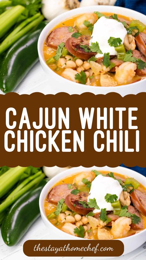 White Chicken Chili gets some cajun flair with andouille sausage, shrimp, and cajun spices for a hearty white chili that will knock your socks off! Cajun Chicken Chili, Cajun White Chicken Chili, White Chicken Chilli, Hearty Chili Recipe, Cajun Spices, Sausage Shrimp, White Chicken Chili Slow Cooker, Hearty Chili, White Chili