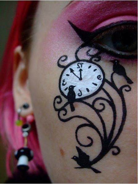 Steampunk, clock, bird, swirl, alt makeup, creative makeup, emo, goth, white eyeliner Steampunk Goth Makeup, Steampunk Eyeliner, Steam Punk Makeup Ideas, Wonderland Makeup Ideas, Swirl Eyeliner, Steampunk Makeup Ideas, Alice In Wonderland Makeup Ideas, Clock Makeup, Steampunk Makeup