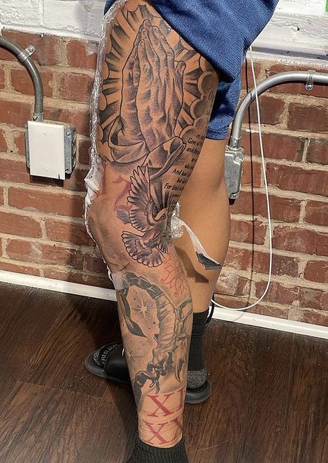 Inside Leg Tattoo Men, Men Upper Leg Tattoo, Thigh Piece Tattoos Men, Front Leg Sleeve Tattoo, Black Man Leg Tattoo, Thigh Men Tattoo, Leg Men Tattoo, Inner Leg Tattoo For Men, Back Of Leg Tattoos Men