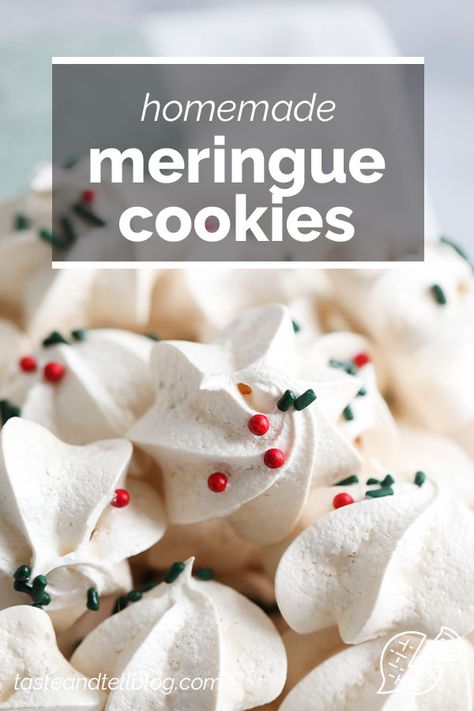 Crunchy, light and sweet, these classic Meringue Cookies only take 5 ingredients and are perfect for your holiday cookie plates. #recipe #meringue #cookies #holiday Cranberry Orange Cookies, Holiday Entertaining Food, Cookies Holiday, Gooey Cookies, Cocoa Cookies, Holiday Favorite Recipes, Meringue Cookies, Cookie Calories, Sweet Recipes Desserts