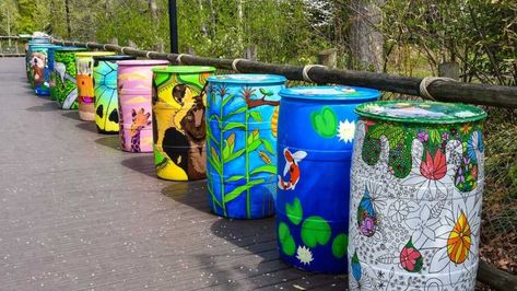 Painted Rain Barrels, Barrel Projects, Rain Barrels, Water Barrel, October Art, Cincinnati Zoo, Painted Flower Pots, Beautiful Outdoor Spaces, Water Collection