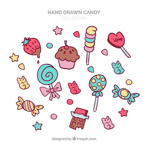 Descarga gratis vectores de Colección de dulces coloridos en estilo hecho a mano Drawing Candy Art, Candy Sketch Drawing, Cartoon Candy Drawing, How To Draw Candy, Sweet Drawings Candy, Candies Drawing, Candy Art Drawing, Candy Drawings, Candy Cartoon Sweets