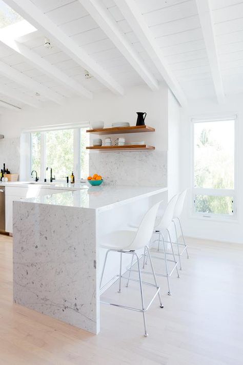 Marble Waterfall Peninsula Countertop with White Molded Plastic Stools - Contemporary - Kitchen Waterfall Peninsula, Kitchen Peninsula Design, Peninsula Kitchen Design, Studio Mcgee Kitchen, Mid Century Renovation, Peninsula Kitchen, Herringbone Tile Backsplash, Waterfall Countertop, Modern Contemporary Kitchen