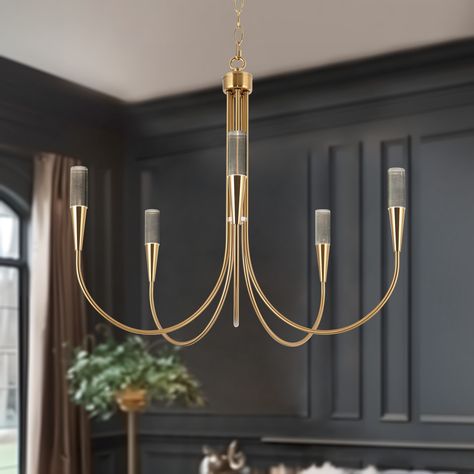 Modern French 5-Light Gold LED Chandelier Dimmable Pendant Light Height Adjustable for Dining Room - 24" D x 22.5" H - Bed Bath & Beyond - 36179351 Modern French Country Lighting, Long Chandelier Dining Room, Chandelier Dining Room Modern, Chandelier Design Modern, Organic Dining Room, Modern Gold Chandelier, Adjustable Pendant Light, Gold Light Fixture, Country Lighting