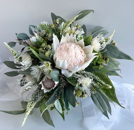 White king protea eucalyptus wedding bouquet Australian Native Bouquet Wedding, White King Protea, Eucalyptus Wedding Bouquet, Protea Wedding, Marriage Registration, Flower Wedding Bouquet, Black And White Wedding Theme, King Protea, Garden Theme Wedding