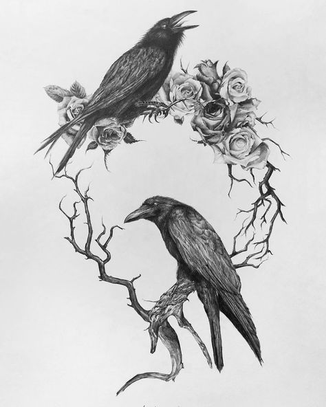 Drawing Roses, Rabe Tattoo, Raven Artwork, Crow Tattoo Design, Tattoo Realism, Occult Witch, Crow Tattoo, First Drawing, Crow Art