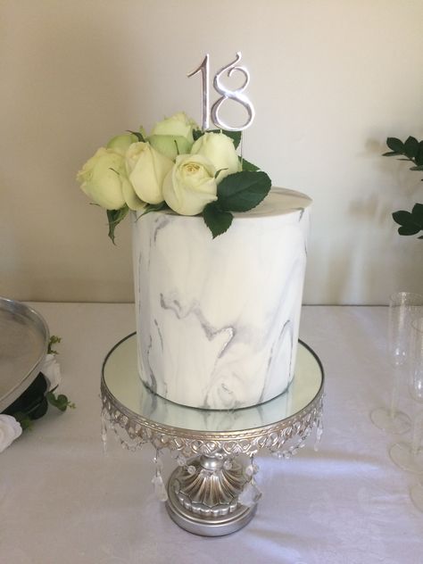 Double barrel white chocolate znd raspberry mud cake covered in silver/ grey marbled fondant and fresh roses. Grey And White Birthday Cake, Marbled Fondant, White Birthday Cakes, 18th Birthday Cake, Mud Cake, Double Barrel, Cake Cover, 18th Birthday, Beautiful Food