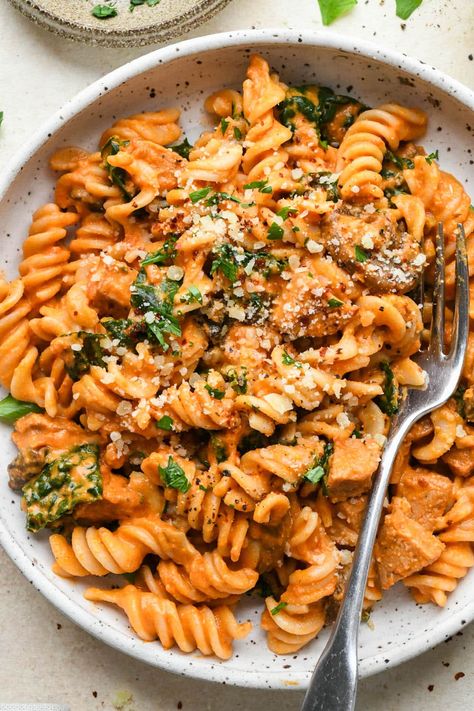 Creamy Tomato Sausage Pasta | Nyssa's Kitchen Dairy Free Comfort Food, Tomato Sausage Pasta, Freezing Pasta, Pasta Dairy Free, Pasta Seasoning, Sausage Pasta Recipes, Homemade Comfort Food, Sausage Spaghetti, Creamy Tomato Sauce