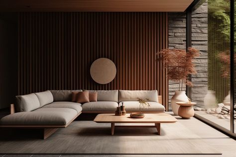 Japandi Couch, Wabi Sabi Couch, Living Room Wall Paneling, Wabi Sabi Interior Design, Wabi Sabi Interior, Japandi Interiors, 3d Wall Panels, Online Interior Design, Contemporary Interior Design